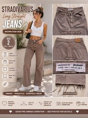 Long Straight Jeans Brown Raw Hem High Rise Women’s Size 2